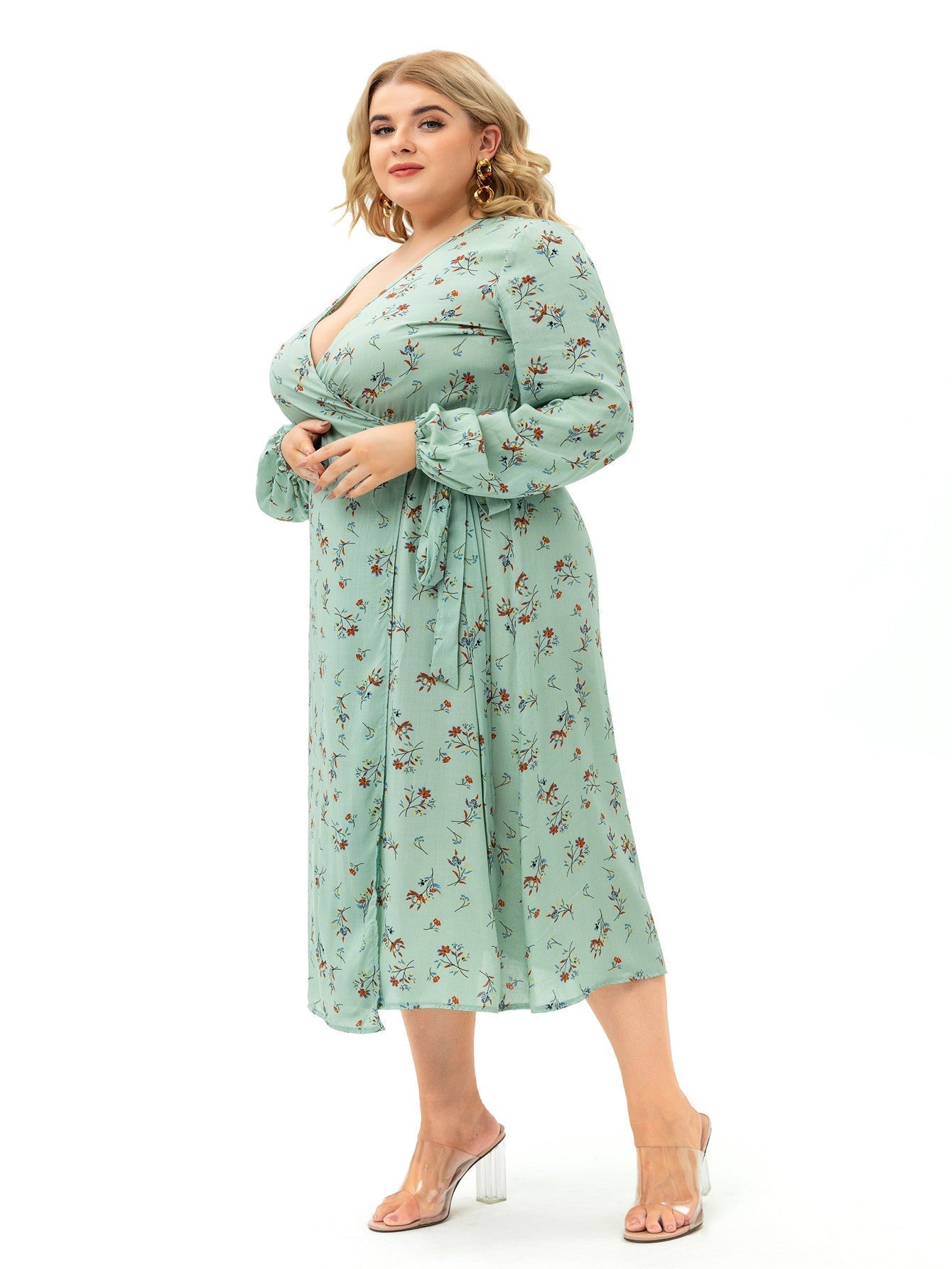 Light Green Plus Size Long Sleeve Wrap Dress