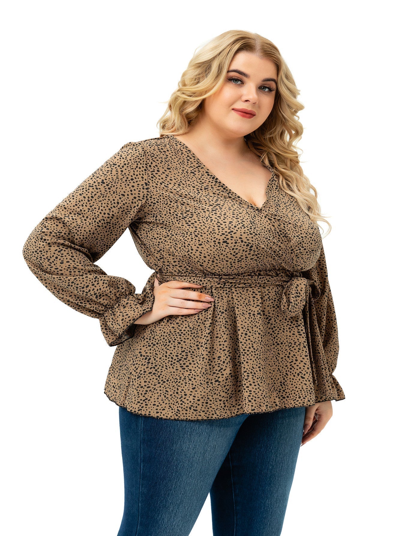 Long Sleeve V Neck Dots with Belt Plus Size Blouse Top