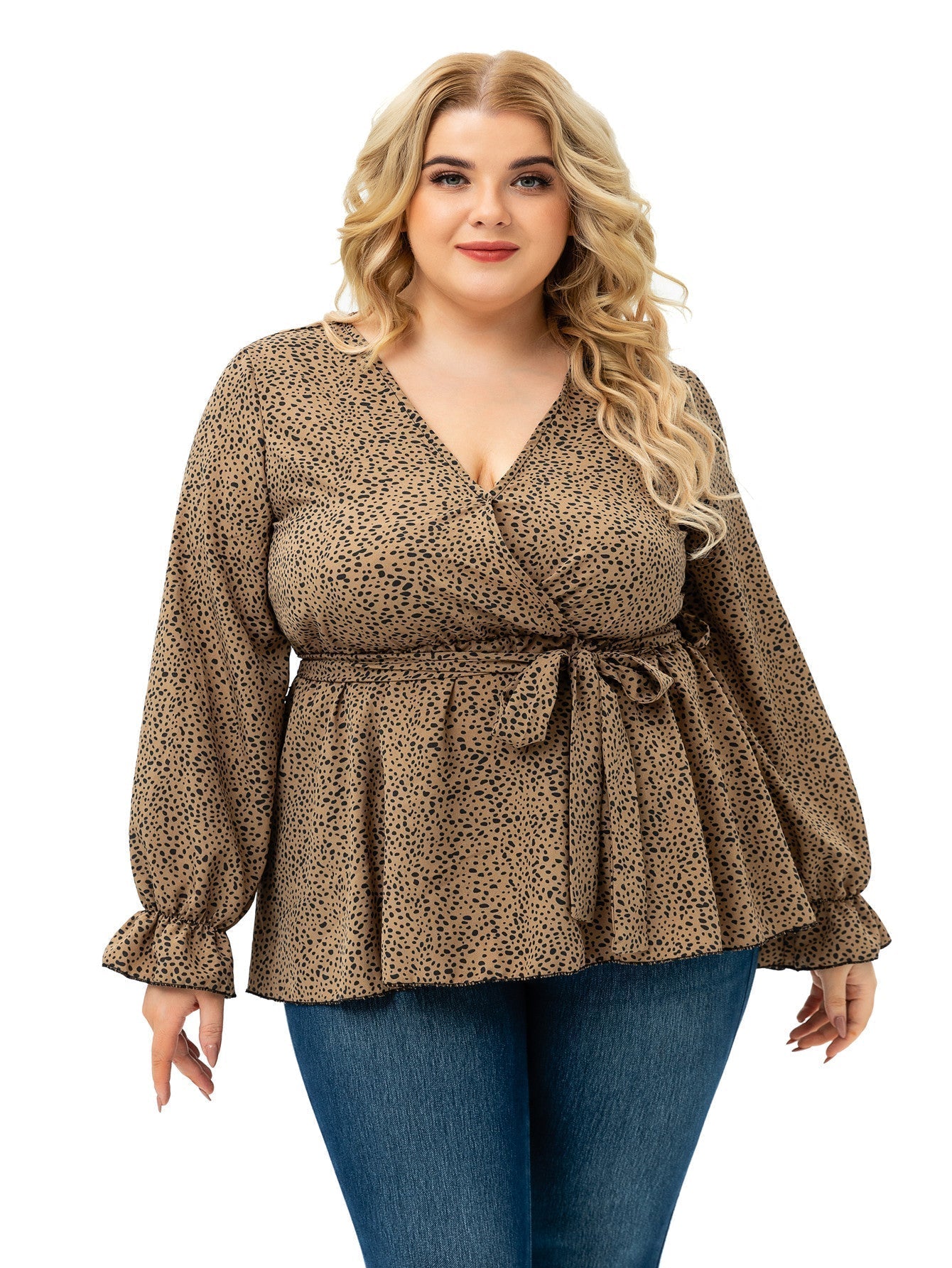 Long Sleeve V Neck Dots with Belt Plus Size Blouse Top