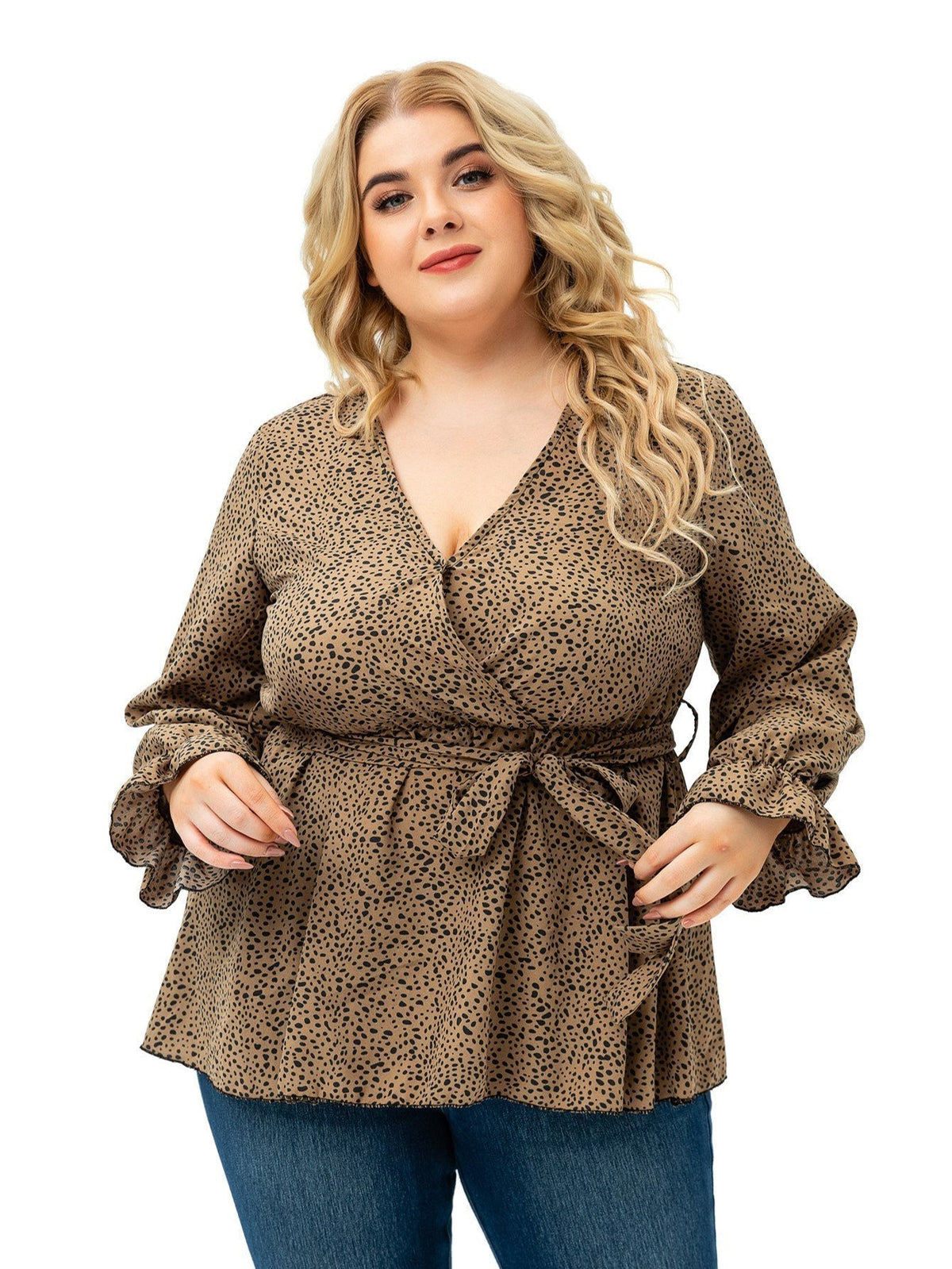 Long Sleeve V Neck Dots with Belt Plus Size Blouse Top