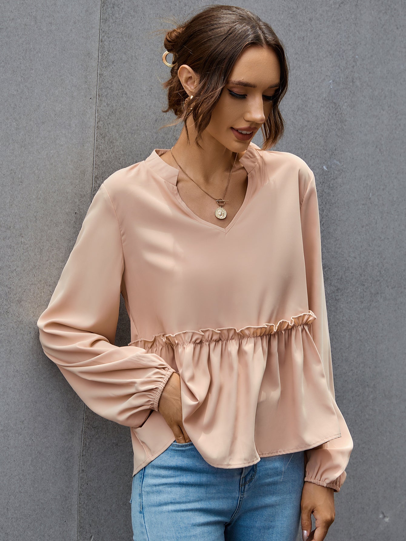 Notched Neck Lettuce Trim Blouse