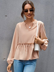 Notched Neck Lettuce Trim Blouse