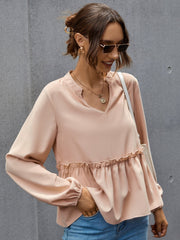 Notched Neck Lettuce Trim Blouse