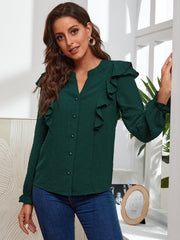 Notched Neck Ruffle Hem Blouse