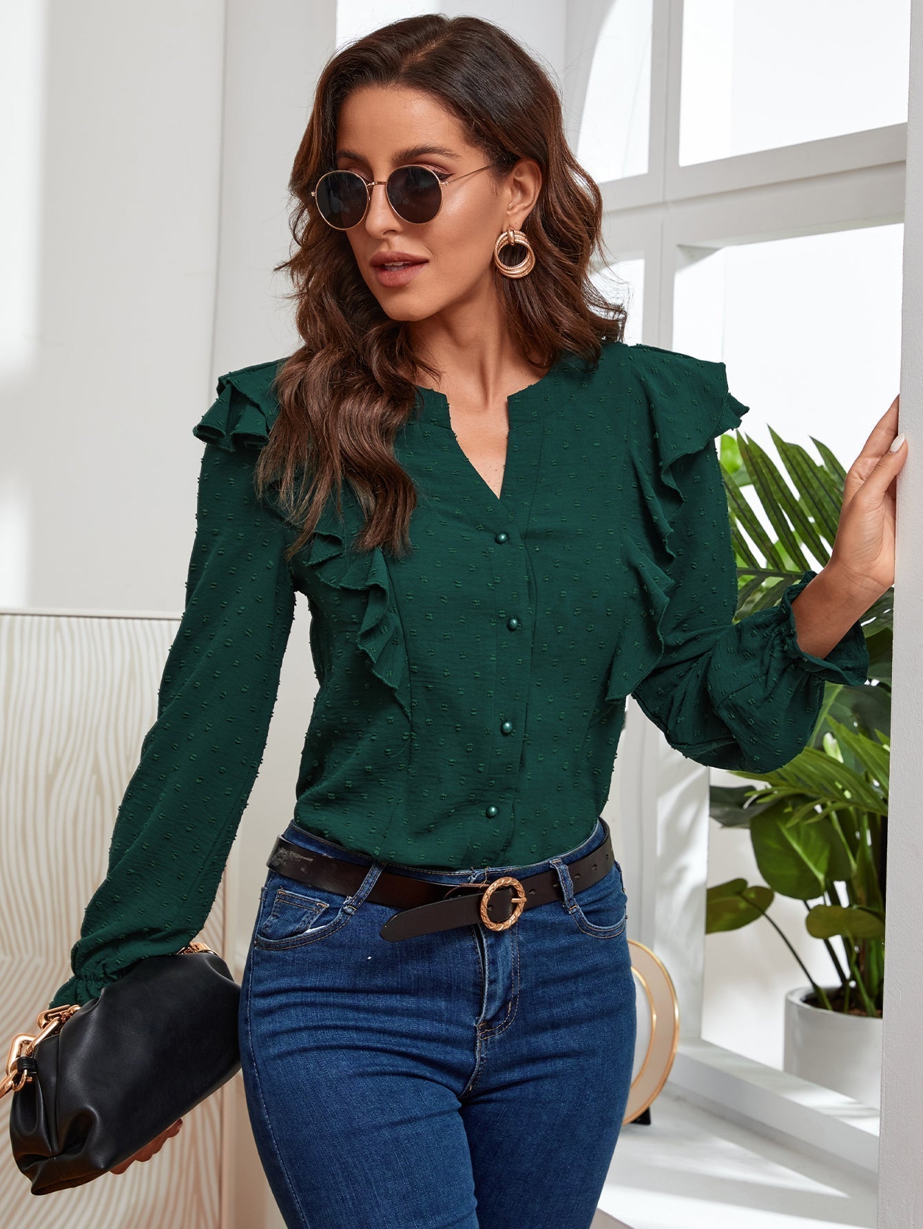 Notched Neck Ruffle Hem Blouse