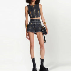 Fashionable New Zipper Denim Tank Top Short Suit