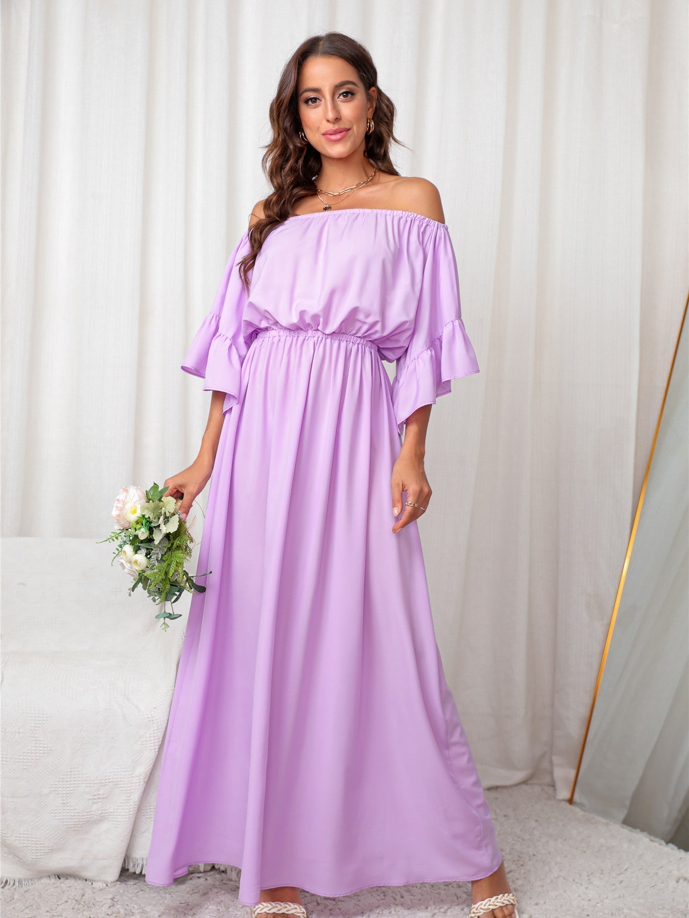 Off Shoulder Short Sleeve Maxi Dress