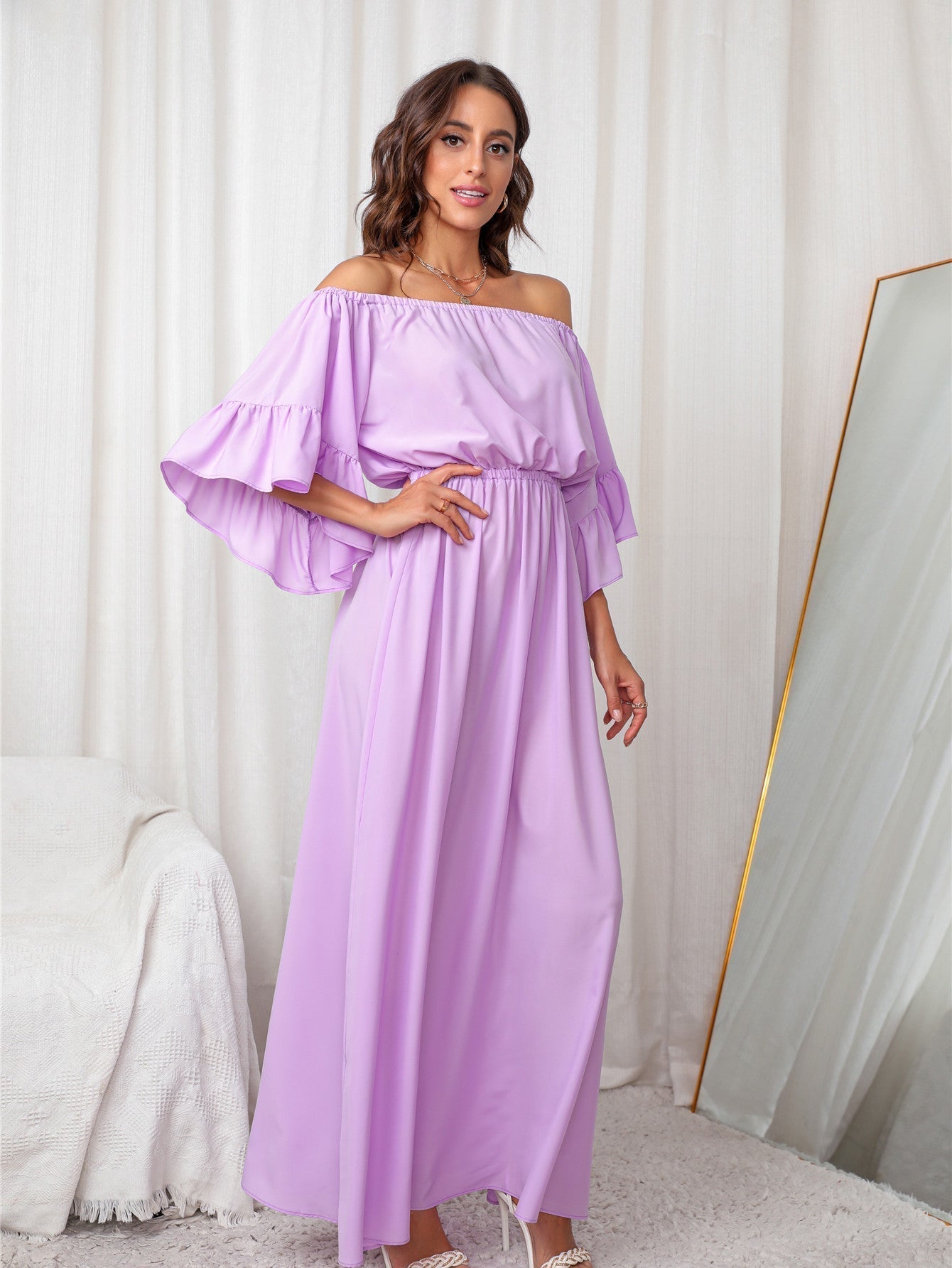 Off Shoulder Short Sleeve Maxi Dress