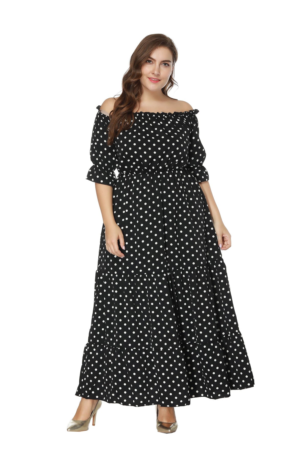 One-line Collar Plus Size Polka Dot Dress