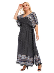 Onesize Boho Print Elastic Waist Dress With Tassel Detail