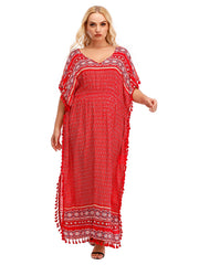 Onesize Boho Print Elastic Waist Dress With Tassel Detail