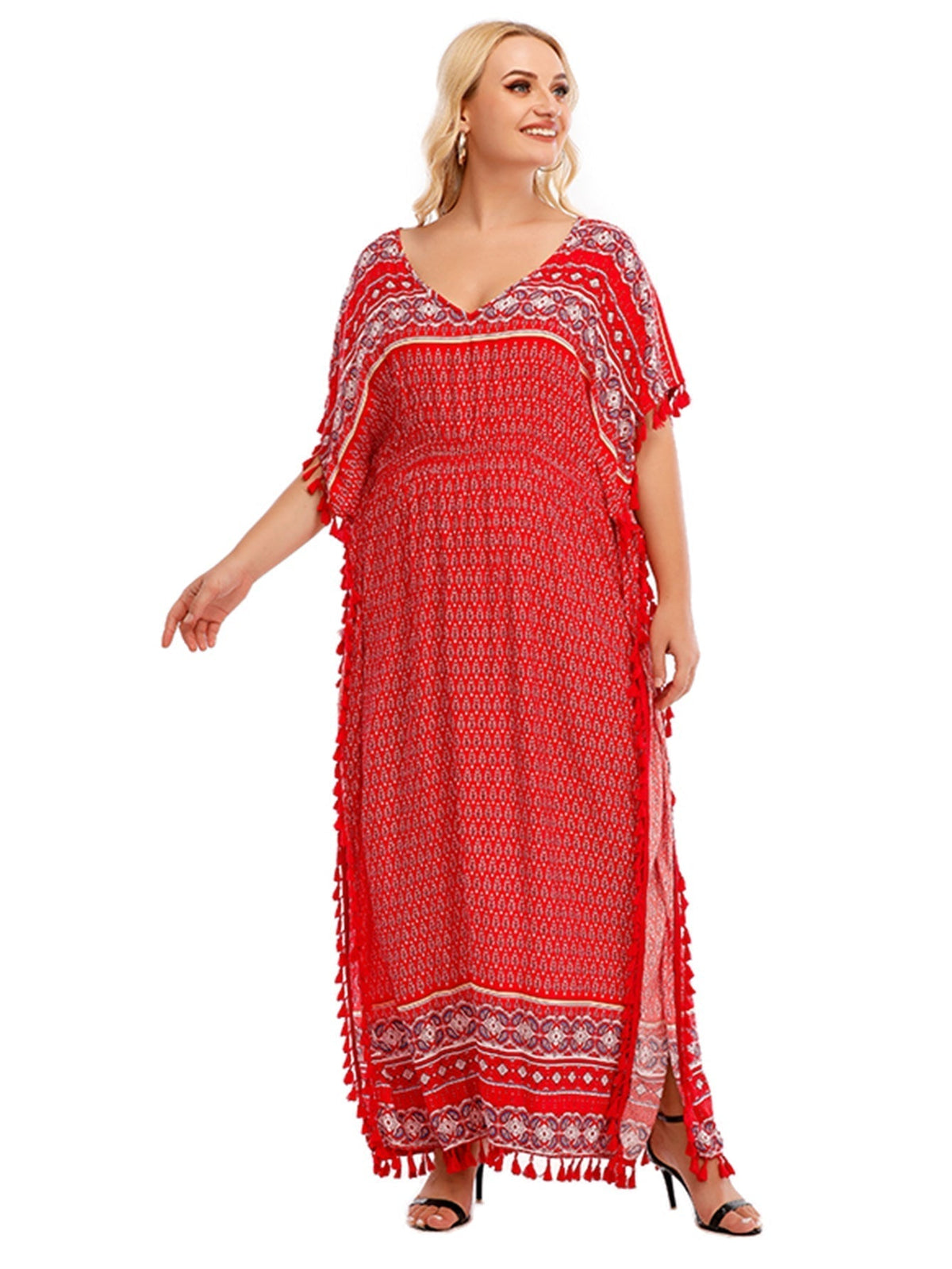 Onesize Boho Print Elastic Waist Dress With Tassel Detail