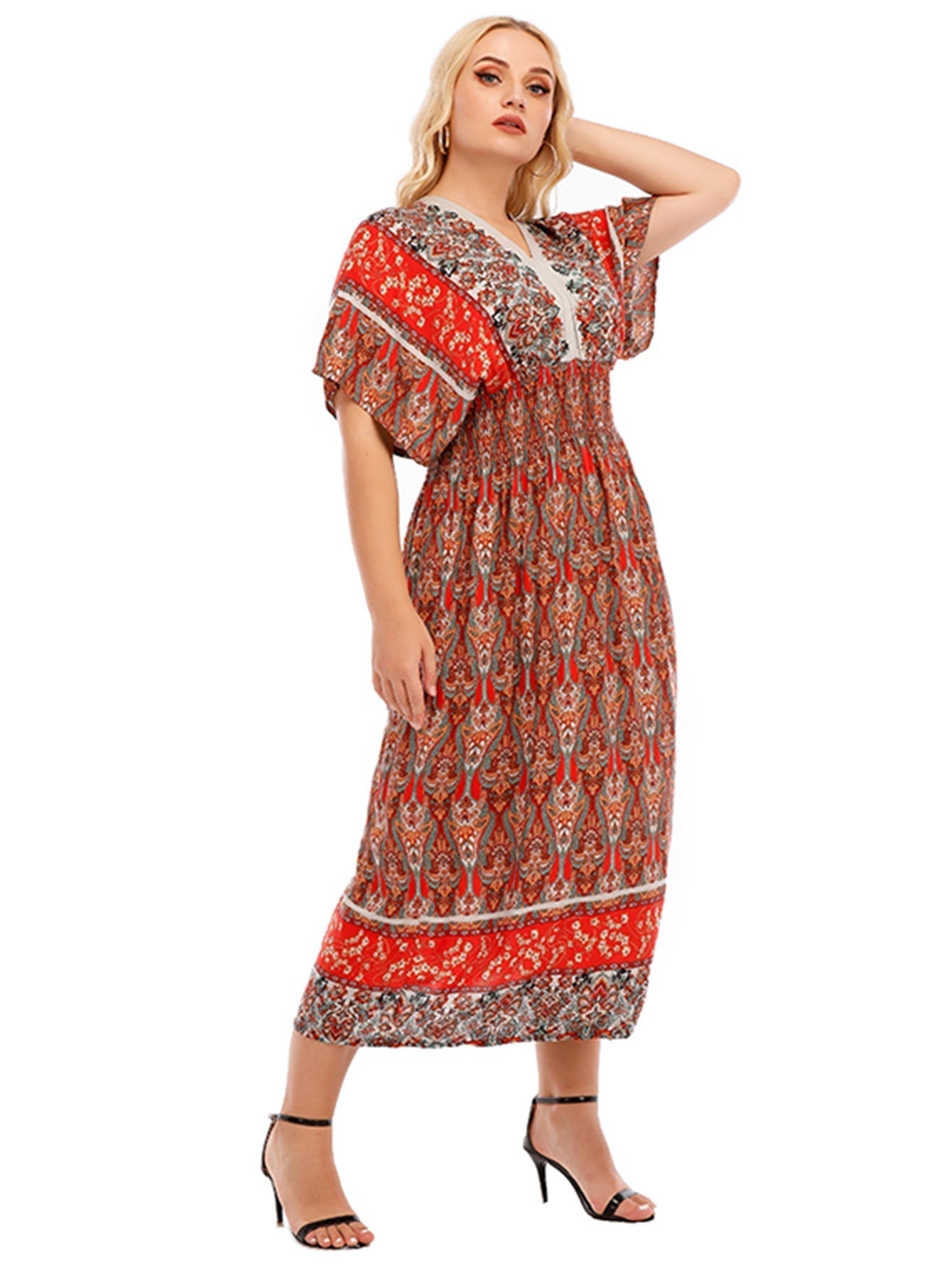 Onesize Boho Print Smocked Waist Dress