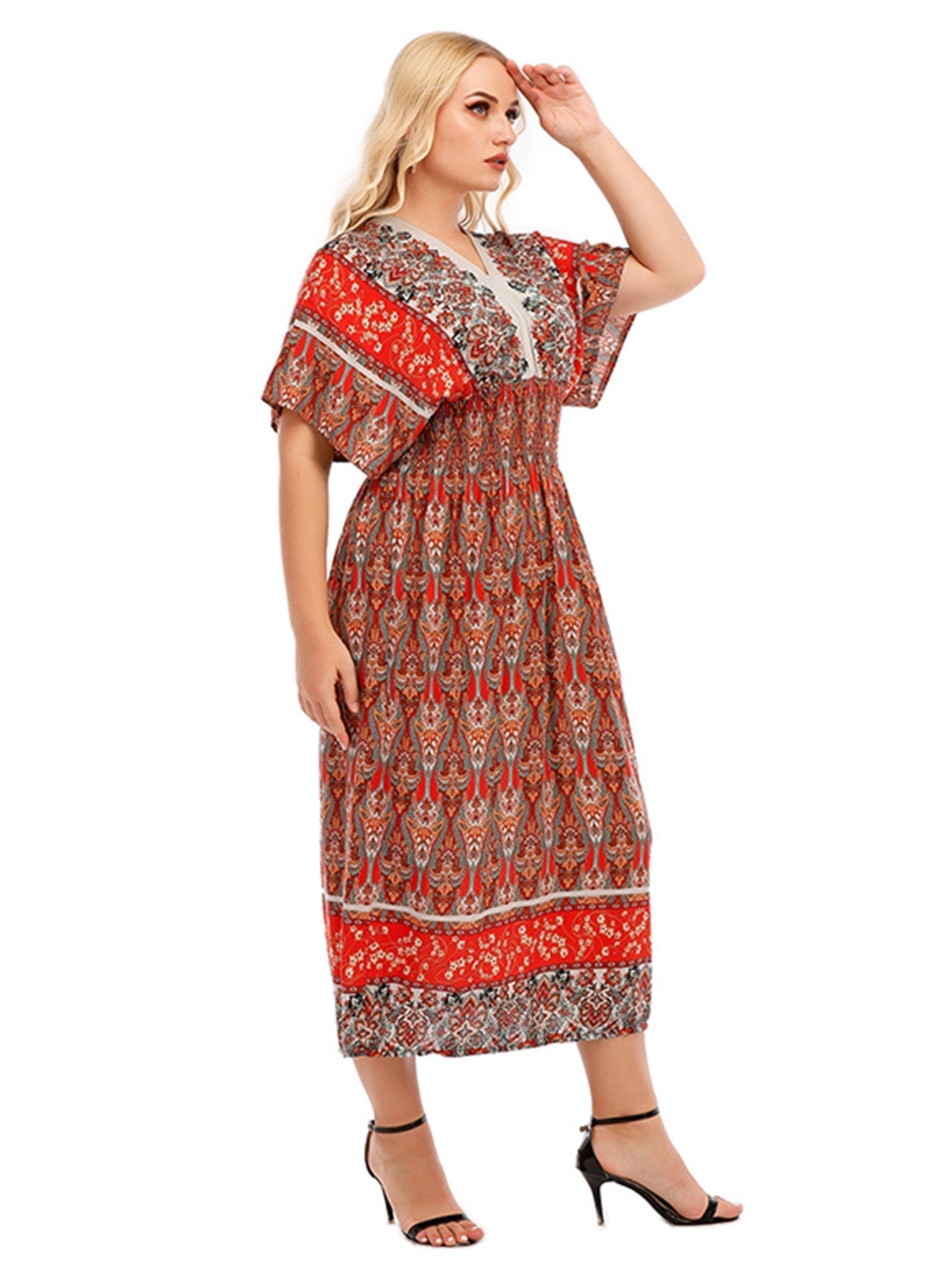 Onesize Boho Print Smocked Waist Dress