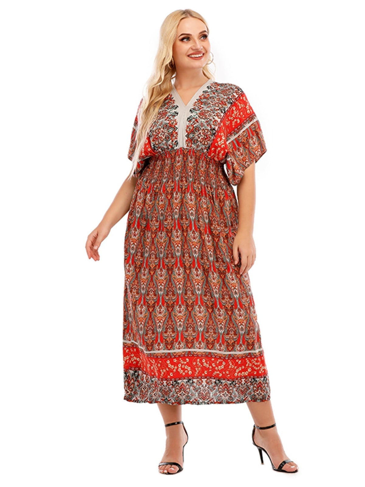 Onesize Boho Print Smocked Waist Dress