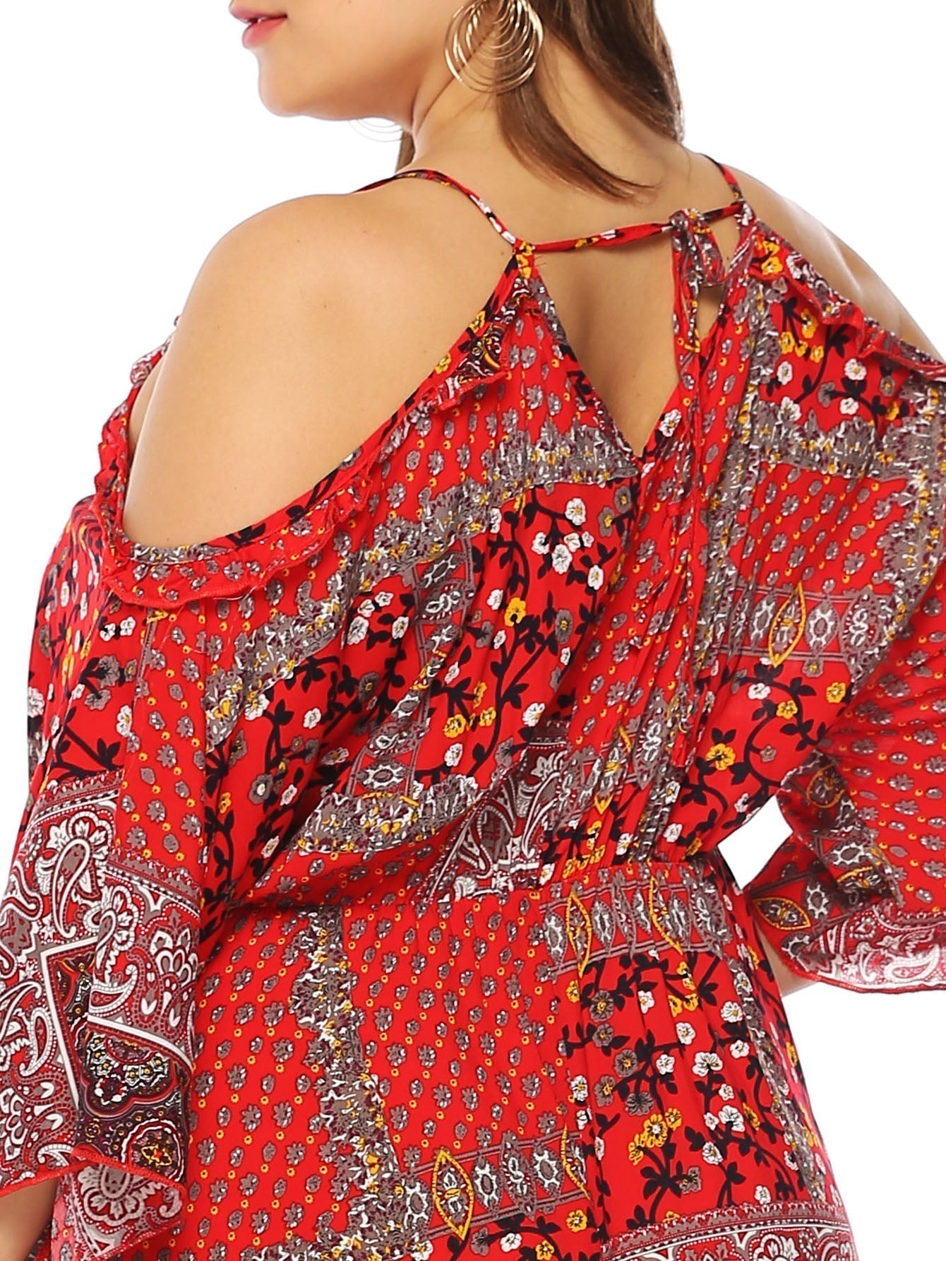 Plus Cold Shoulder Tie Back Tribal Dress