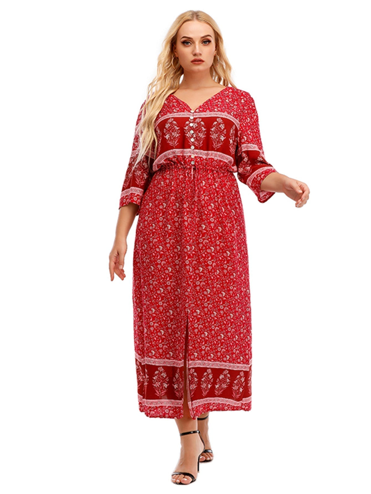 Plus Size Boho Print Elastic Waist Split Dress