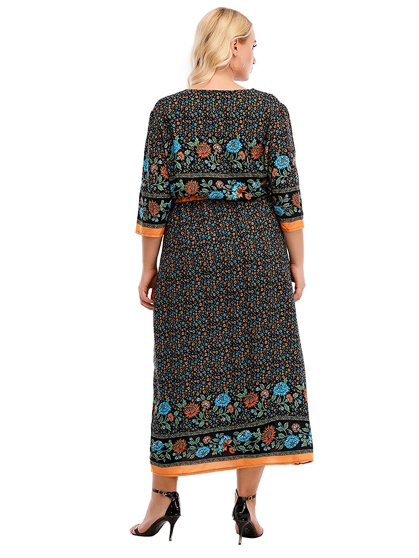 Plus Size Boho Print Elastic Waist Split Dress