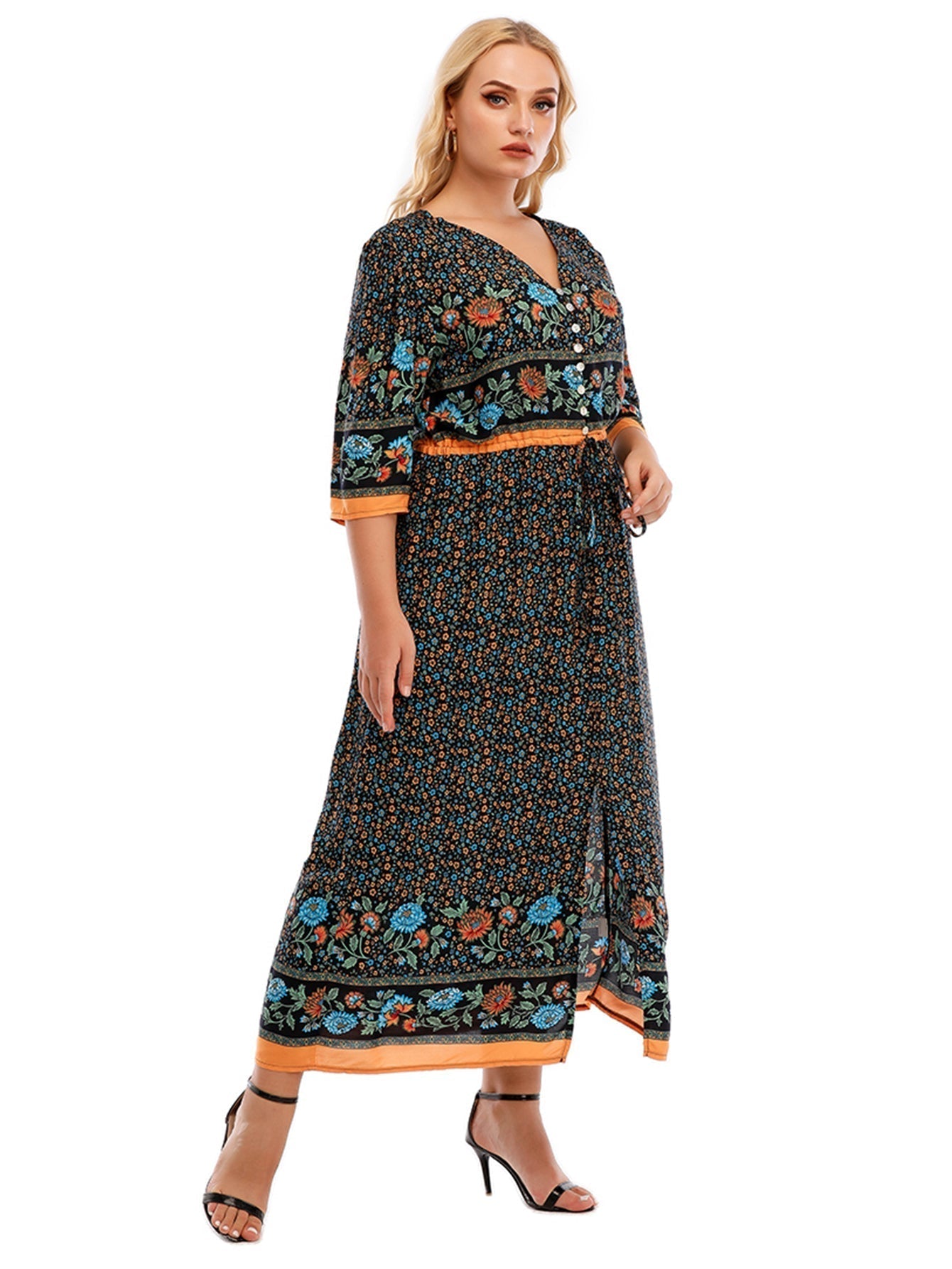 Plus Size Boho Print Elastic Waist Split Dress