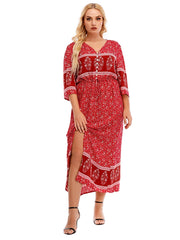 Plus Size Boho Print Elastic Waist Split Dress