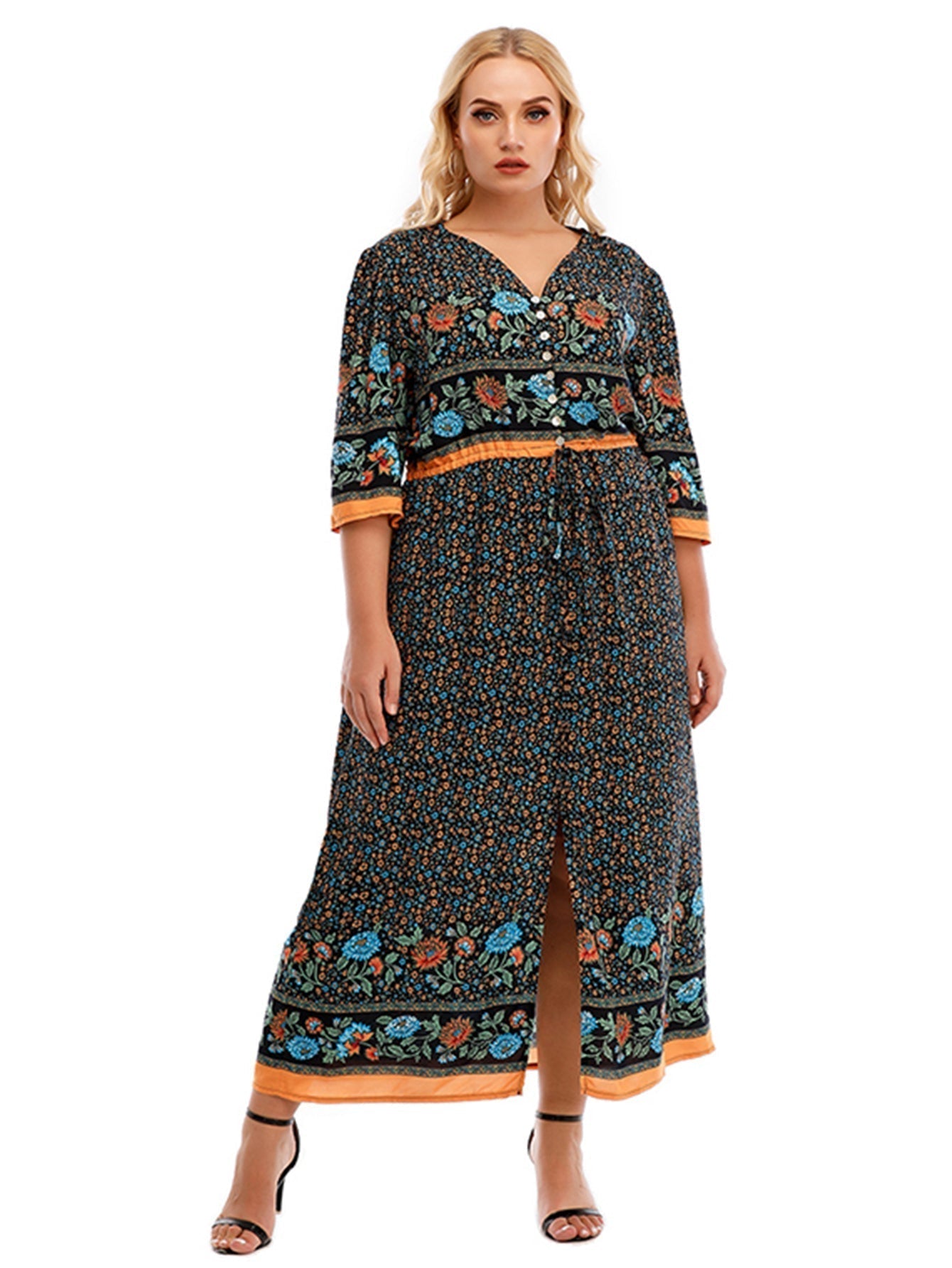 Plus Size Boho Print Elastic Waist Split Dress