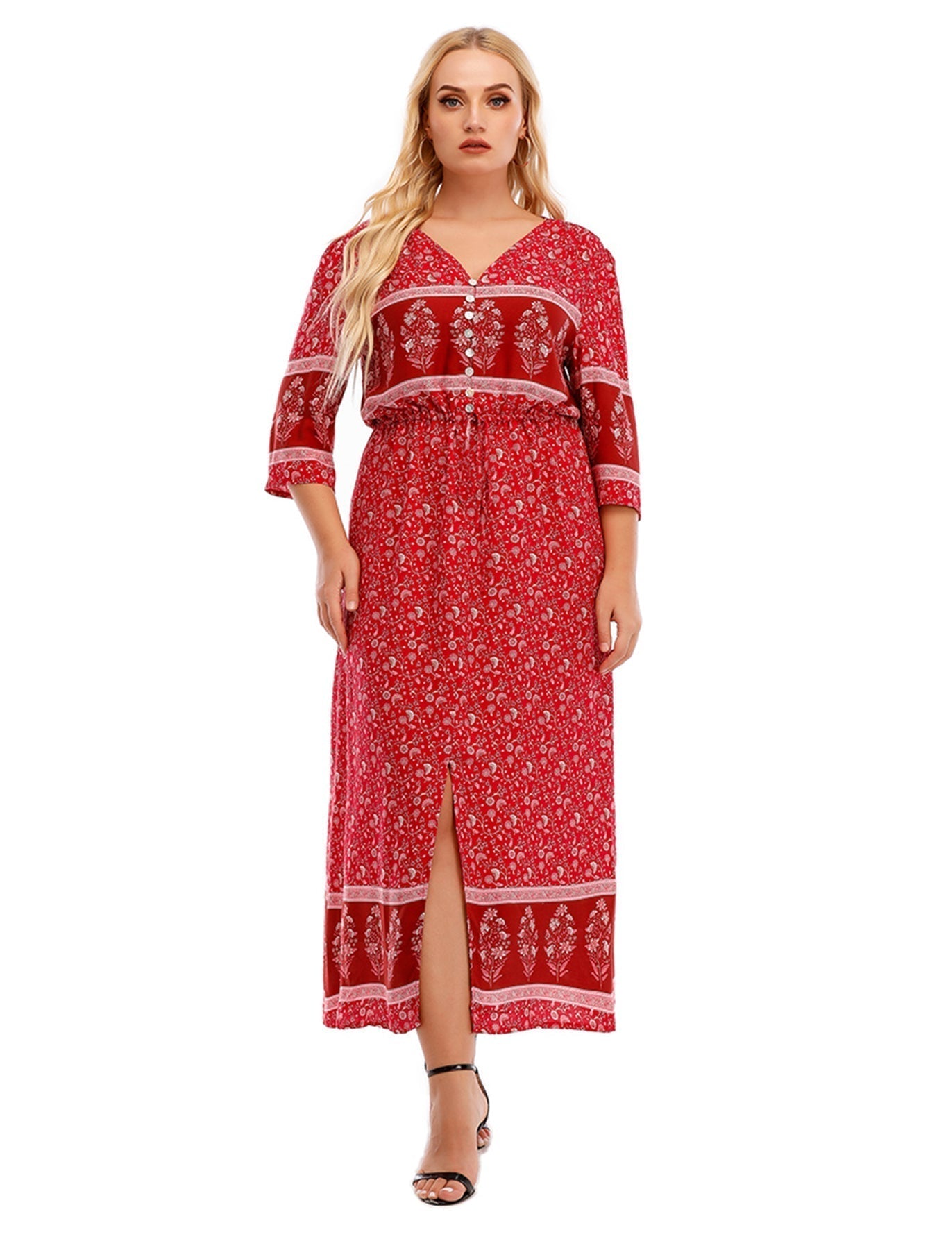 Plus Size Boho Print Elastic Waist Split Dress