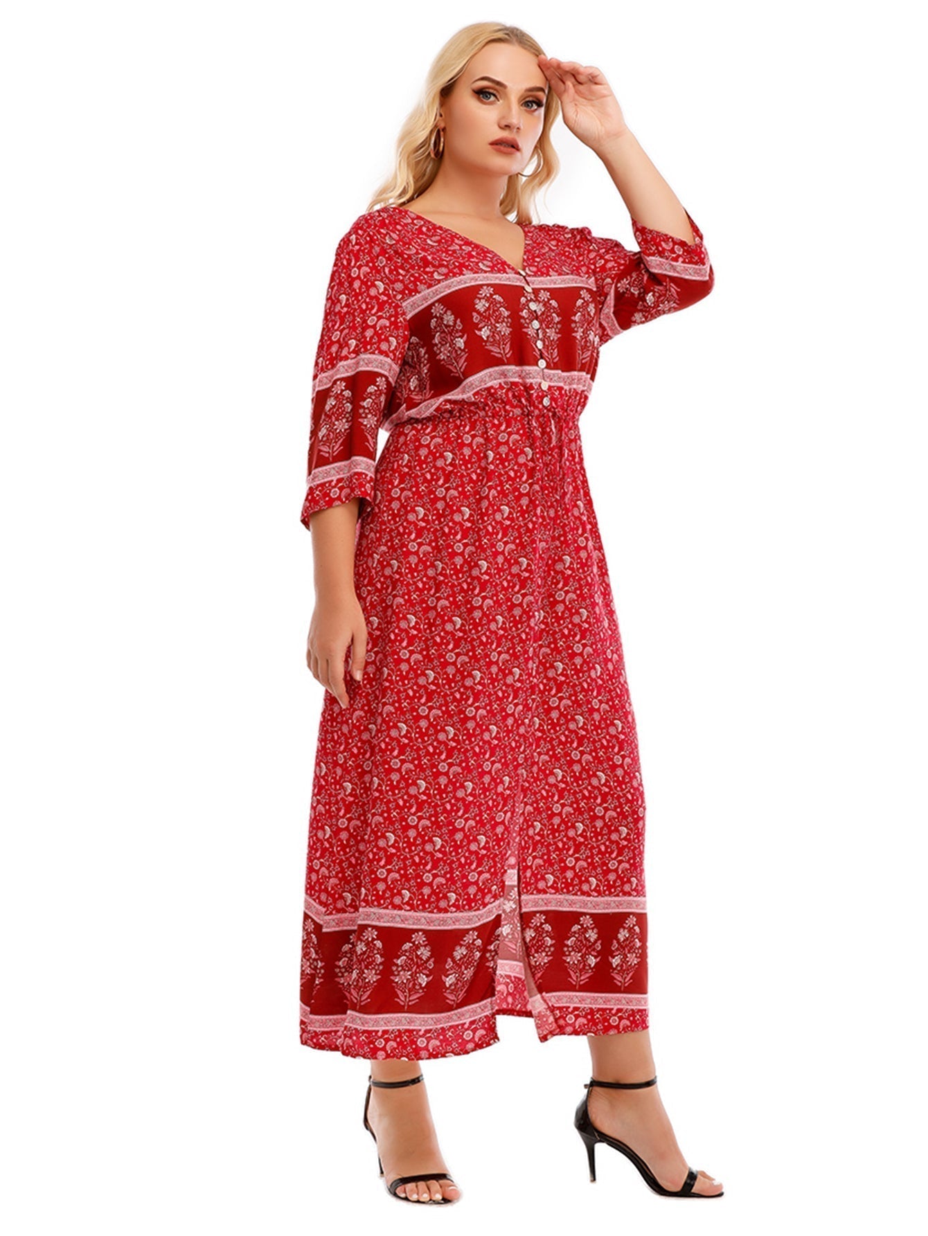 Plus Size Boho Print Elastic Waist Split Dress