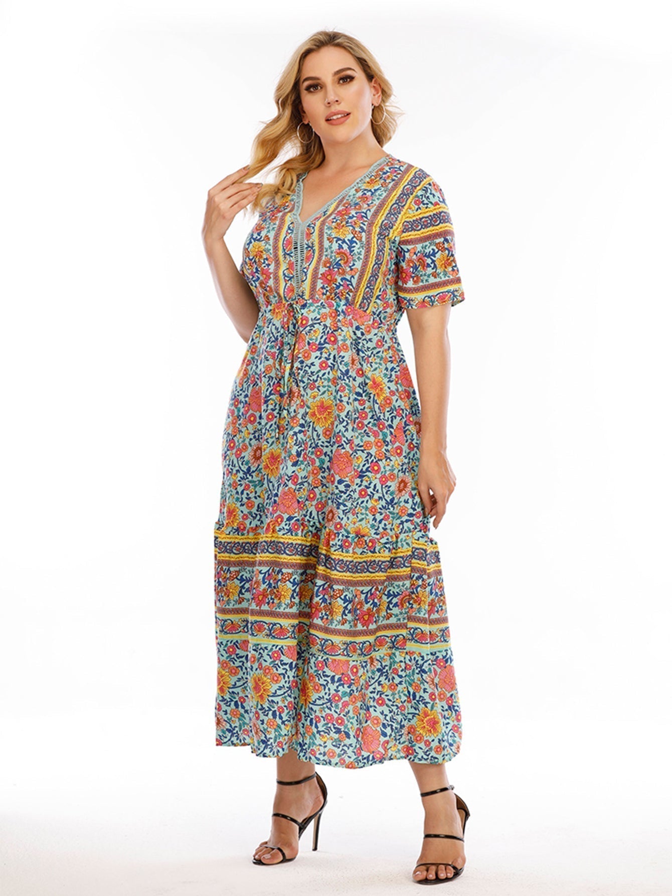 Plus Size Boho Print High Waist Dress