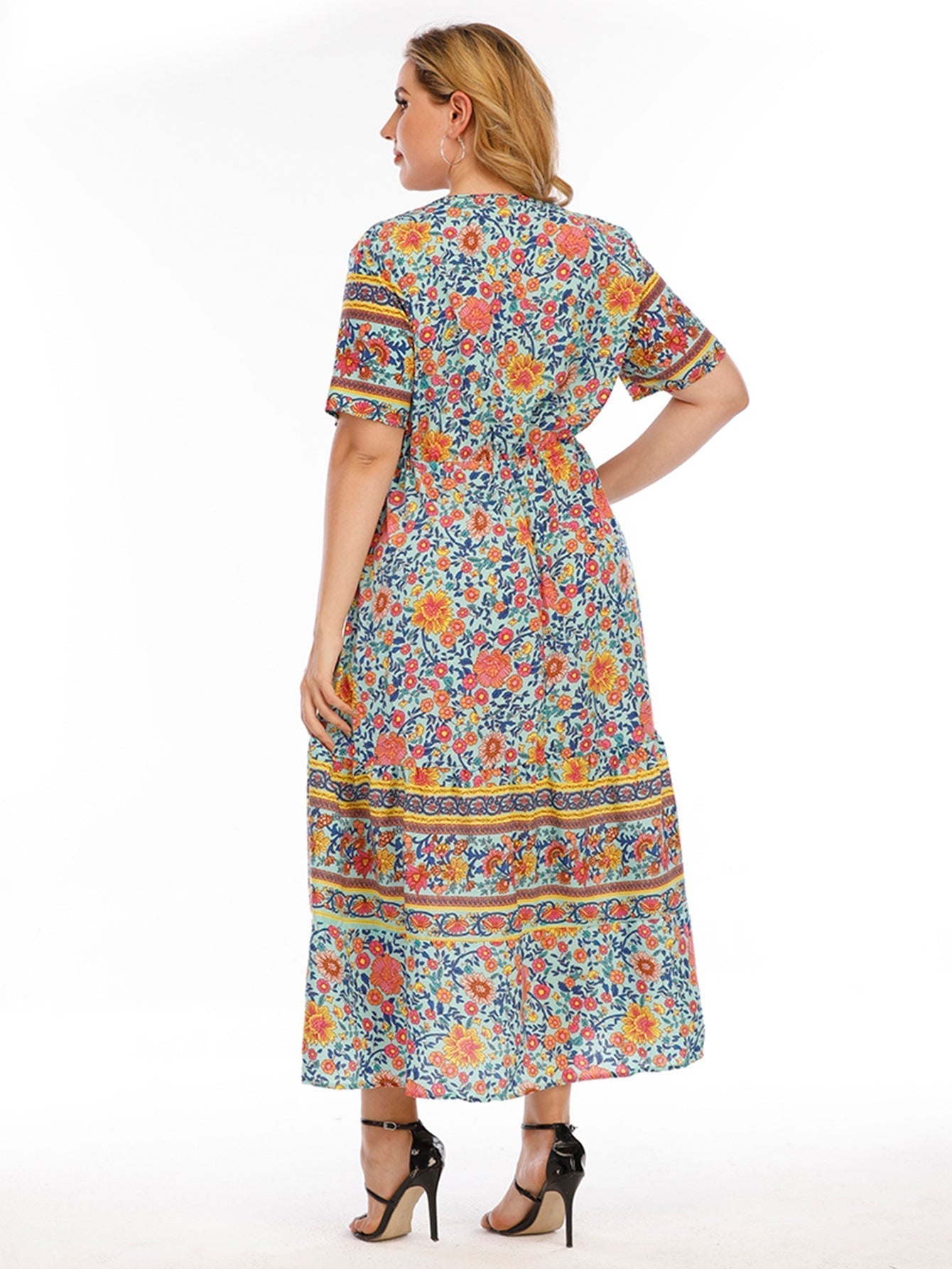 Plus Size Boho Print High Waist Dress