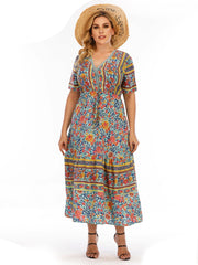 Plus Size Boho Print High Waist Dress