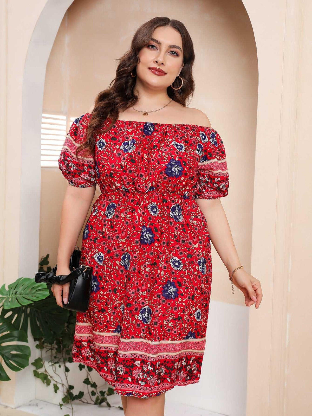 Plus Size Boho Print Off Shoulder Elastic Waist Dress