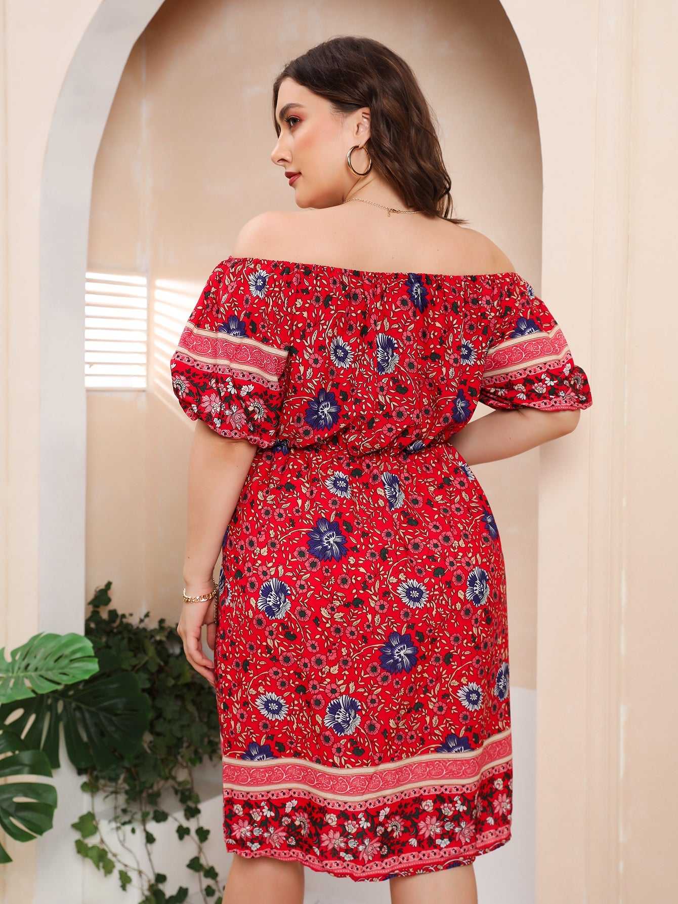 Plus Size Boho Print Off Shoulder Elastic Waist Dress