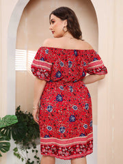 Plus Size Boho Print Off Shoulder Elastic Waist Dress