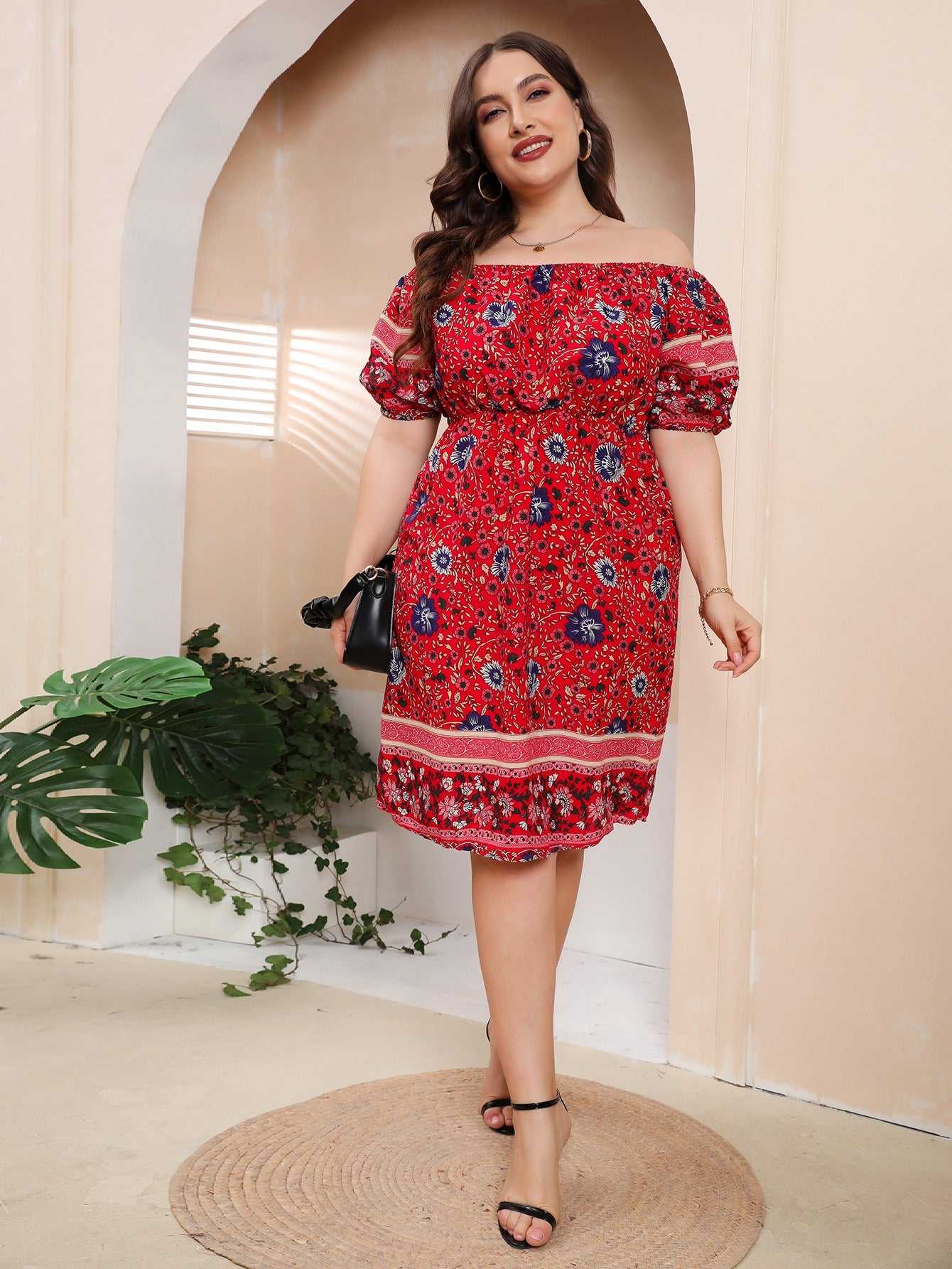 Plus Size Boho Print Off Shoulder Elastic Waist Dress