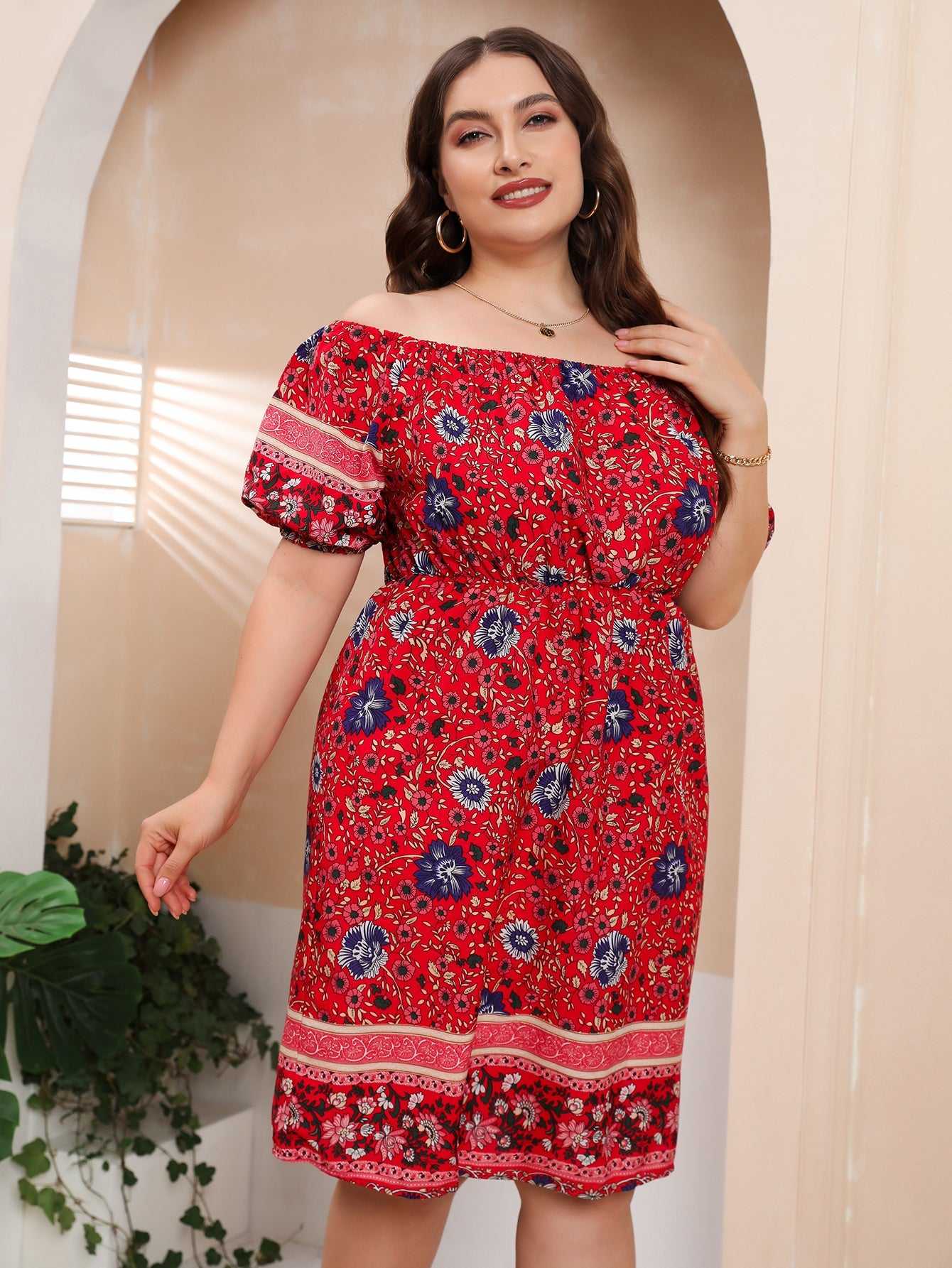 Plus Size Boho Print Off Shoulder Elastic Waist Dress