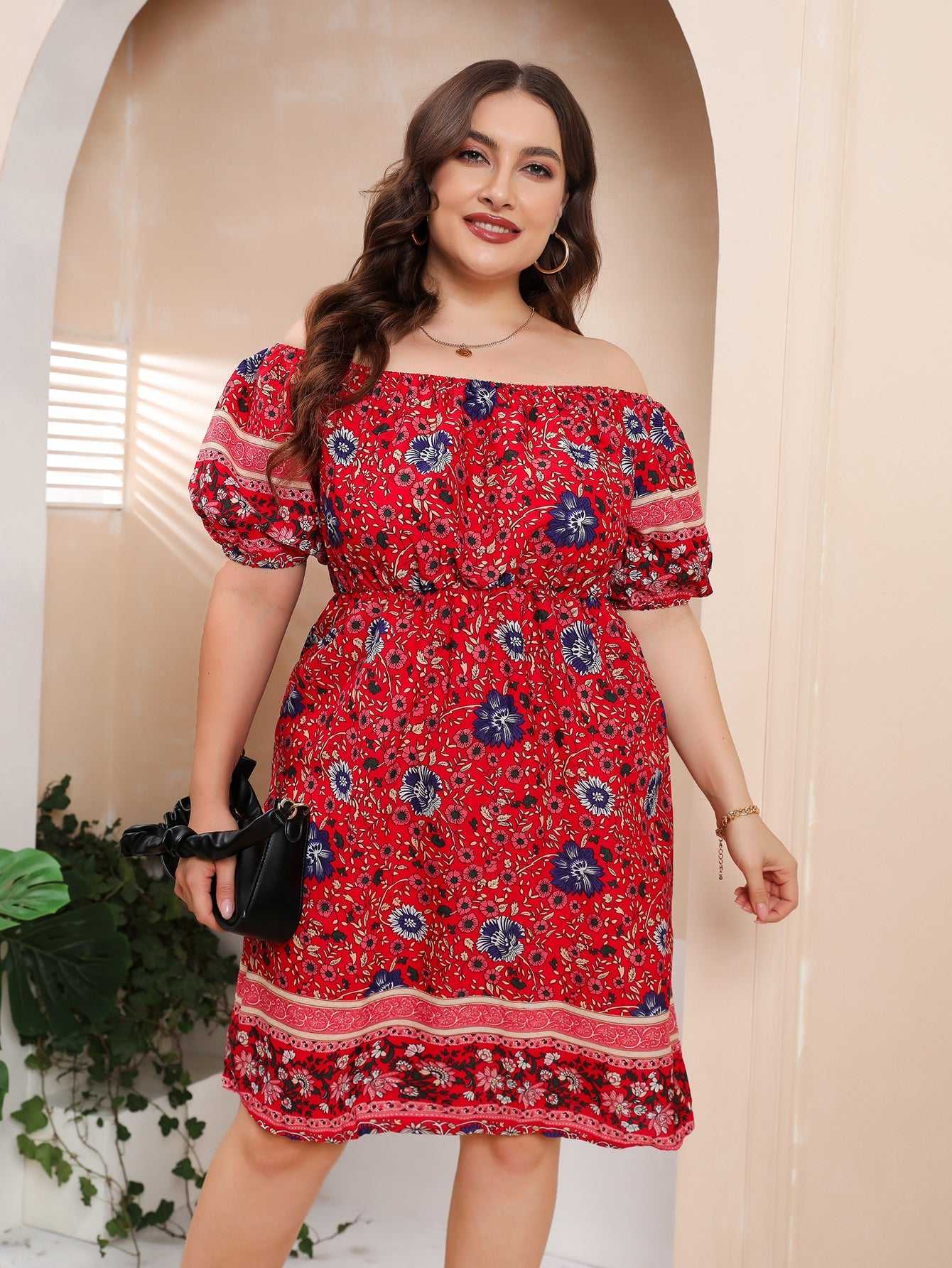 Plus Size Boho Print Off Shoulder Elastic Waist Dress