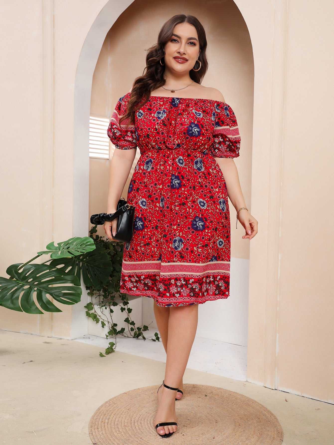 Plus Size Boho Print Off Shoulder Elastic Waist Dress