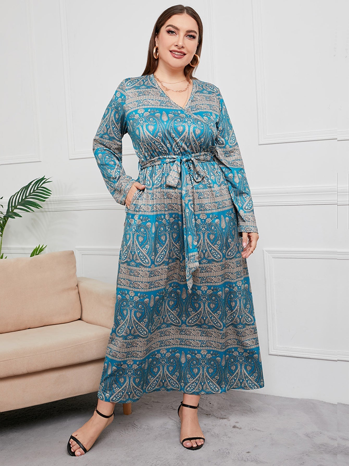 Plus Size Boho Print Self Waist Tie Maxi Dress