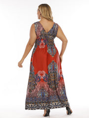 Plus Size Boho Print V Neck Smocked Waist Dress