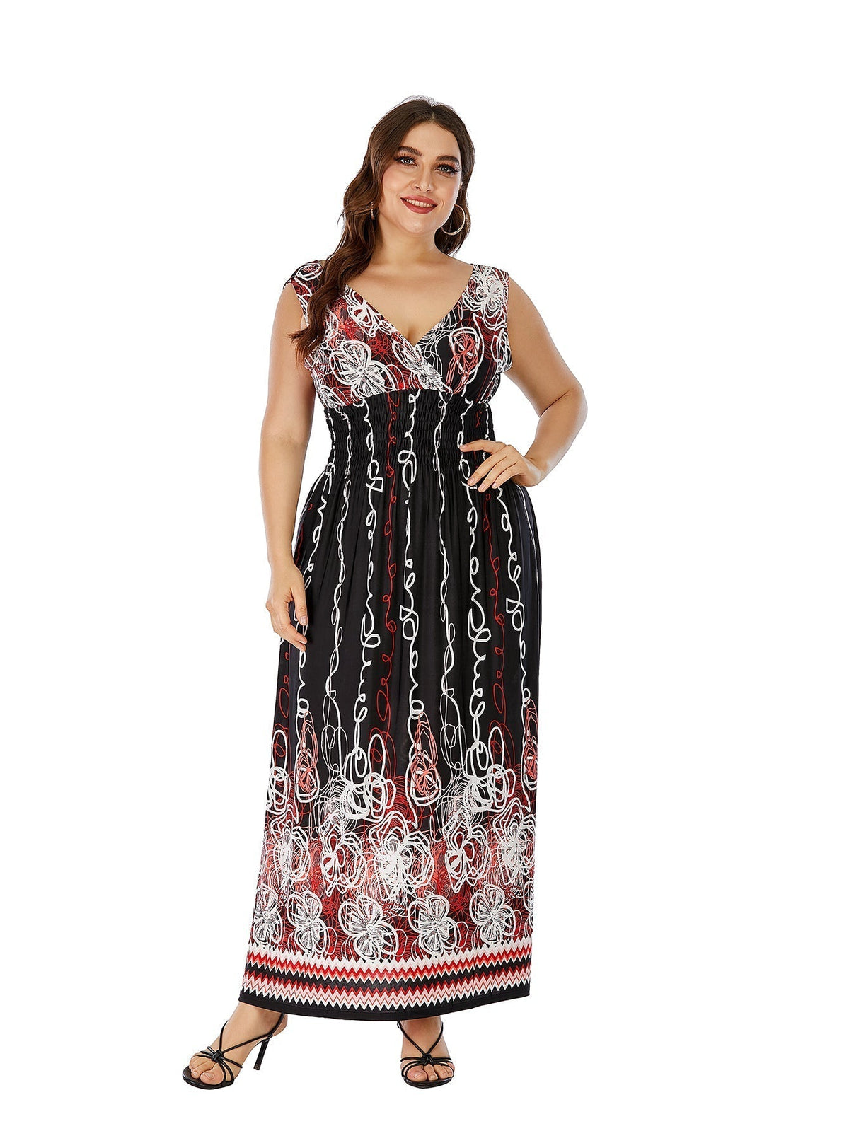 Plus Size Double V-neck Paisley Print High Elastic Waist Maxi Dress Beach Dress