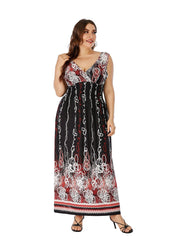 Plus Size Double V-neck Paisley Print High Elastic Waist Maxi Dress Beach Dress