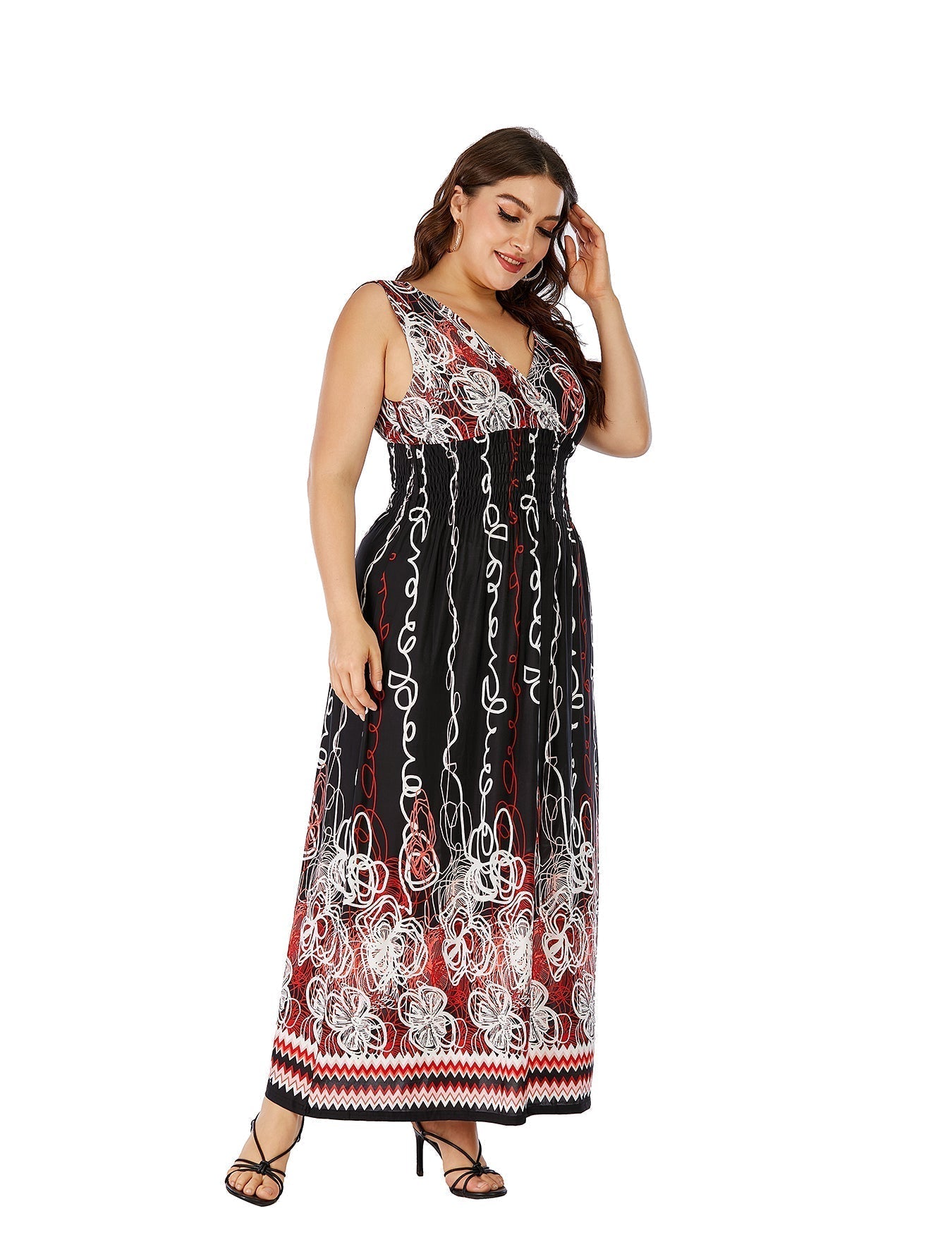 Plus Size Double V-neck Paisley Print High Elastic Waist Maxi Dress Beach Dress