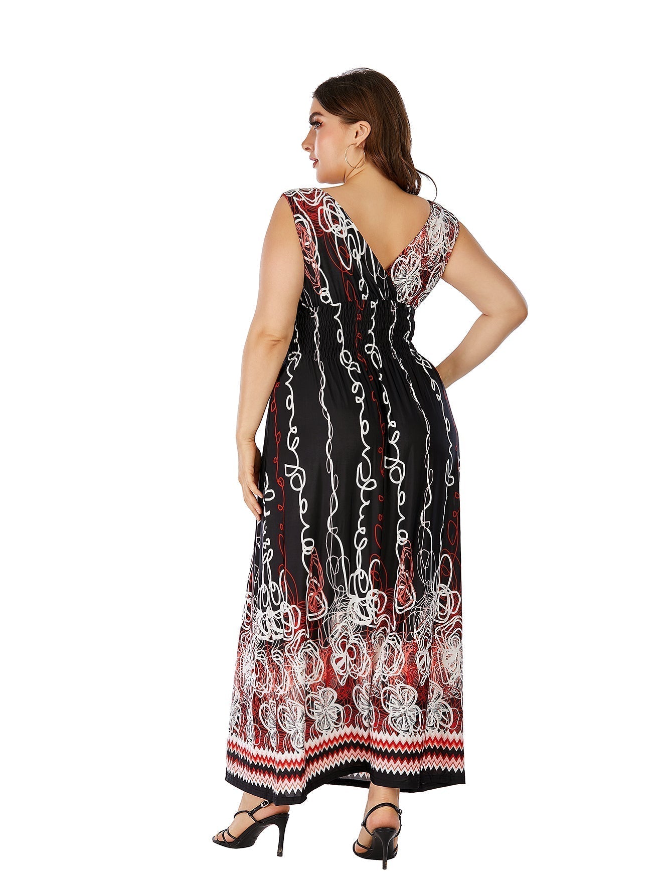 Plus Size Double V-neck Paisley Print High Elastic Waist Maxi Dress Beach Dress