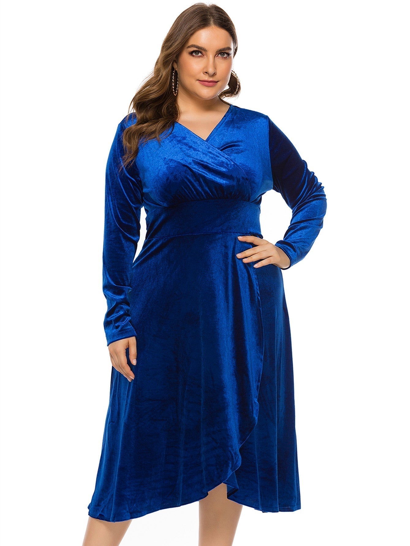 Plus Size High-low Velvet Long Sleeve Party Dress