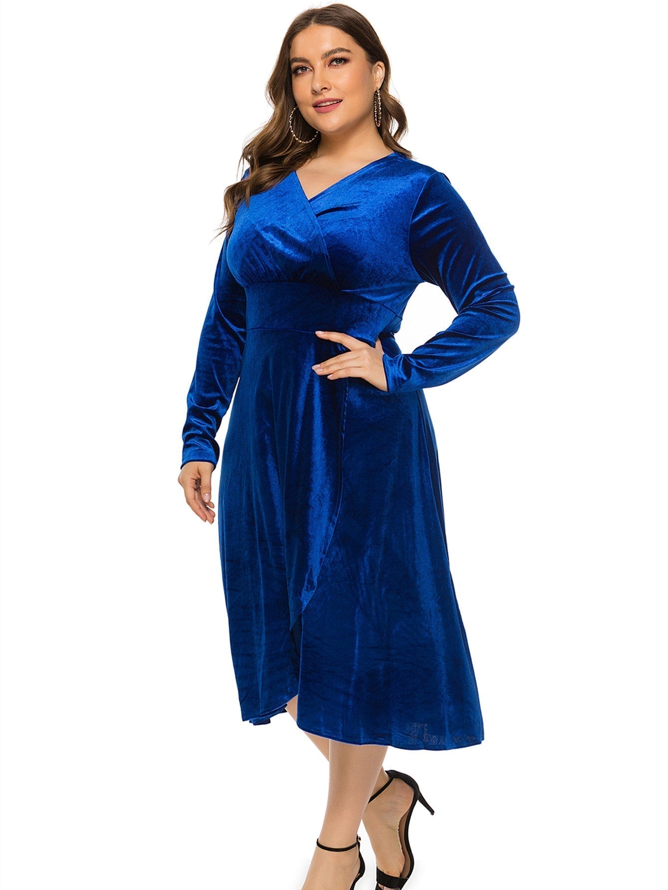 Plus Size High-low Velvet Long Sleeve Party Dress