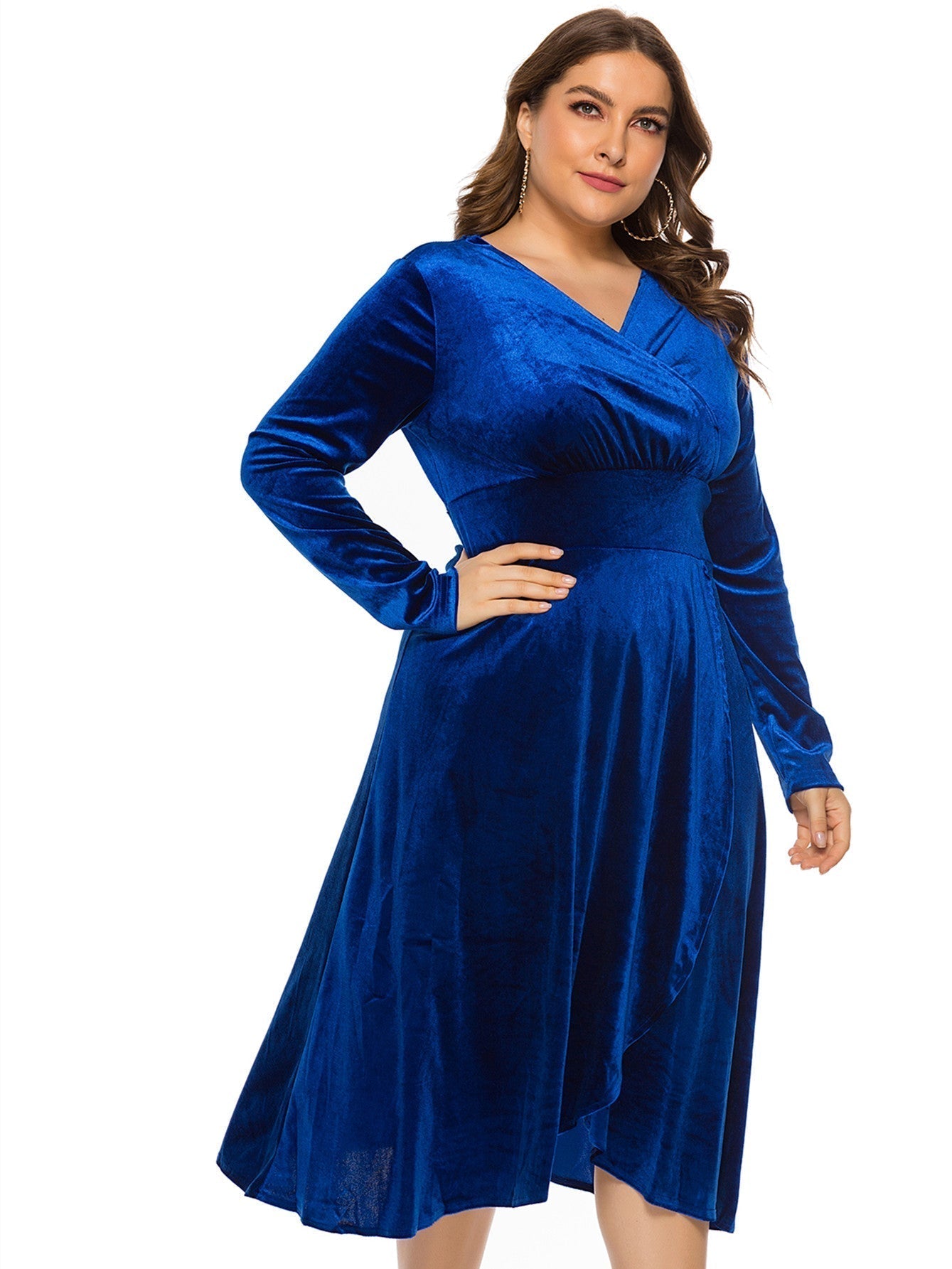 Plus Size High-low Velvet Long Sleeve Party Dress