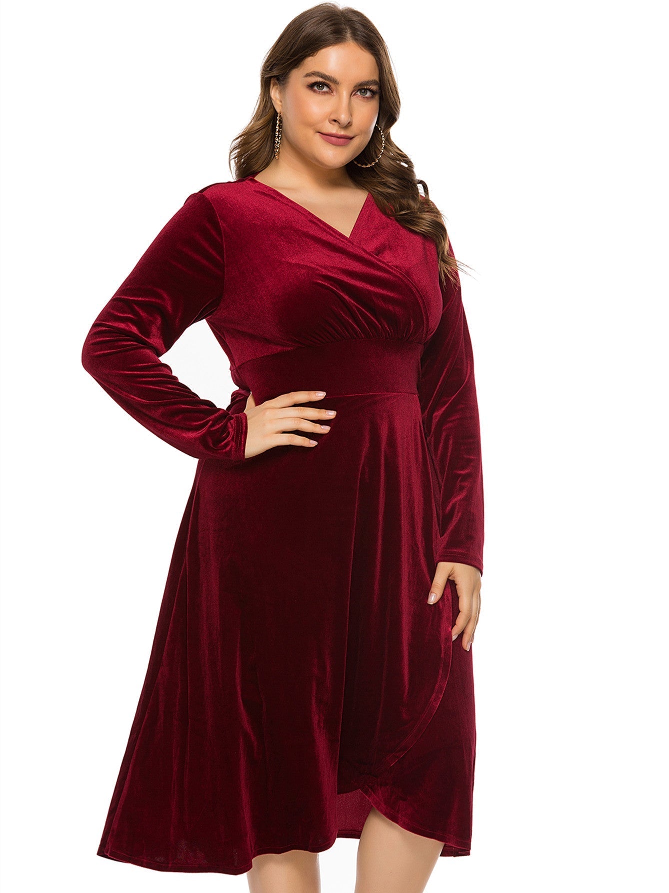 Plus Size High-low Velvet Long Sleeve Party Dress