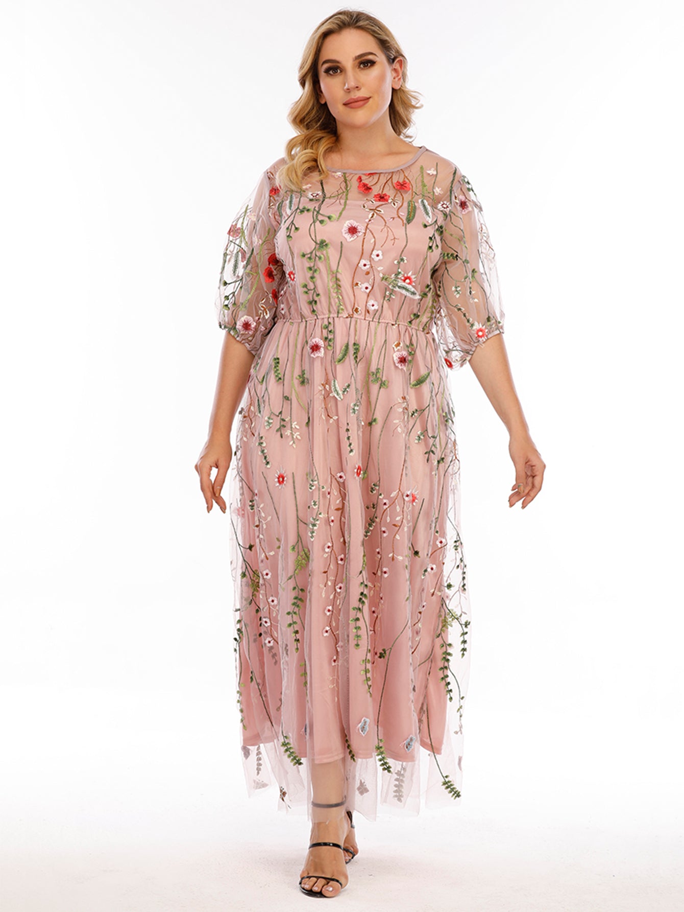 Plus Size Mesh Embroidery Party Dress