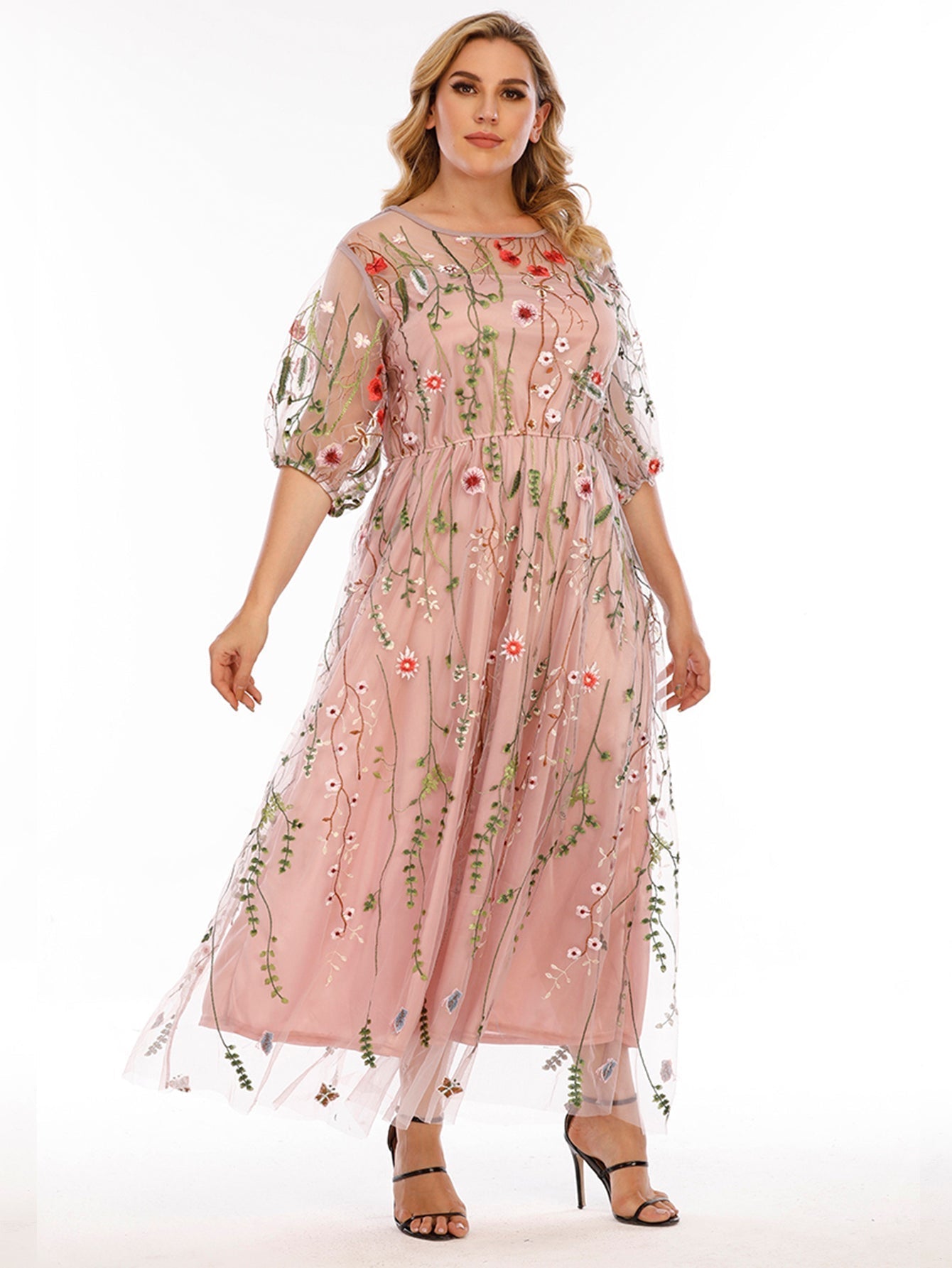 Plus Size Mesh Embroidery Party Dress