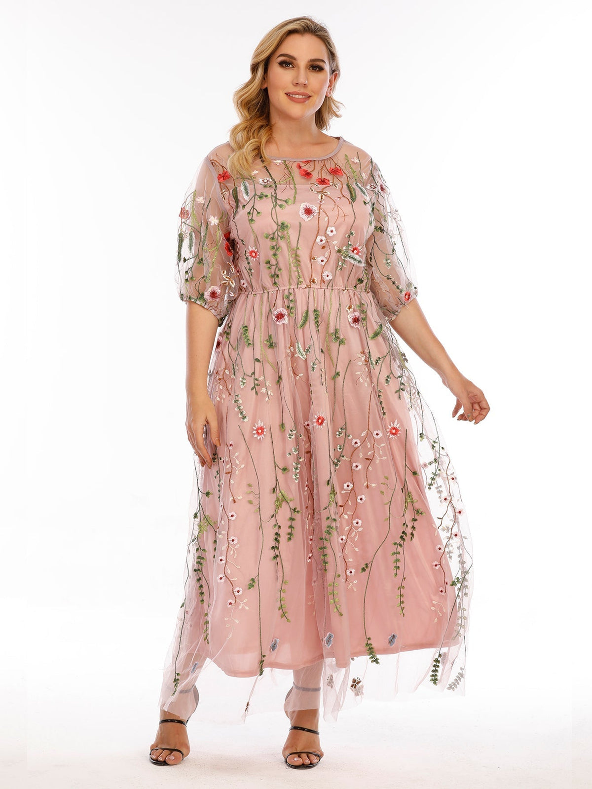 Plus Size Mesh Embroidery Party Dress